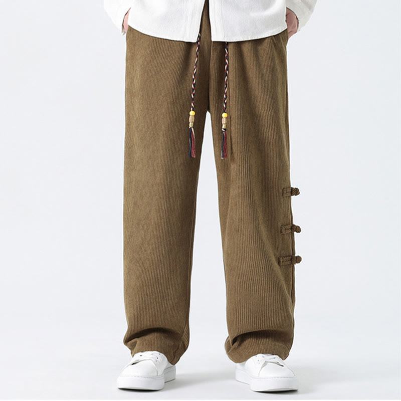 Plain Chinese Frog-Button Design Drawstring Men's Corduroy Pants With Pockets