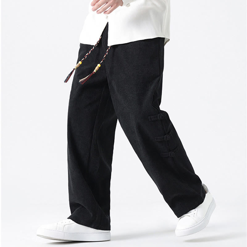 Plain Chinese Frog-Button Design Drawstring Men's Corduroy Pants With Pockets