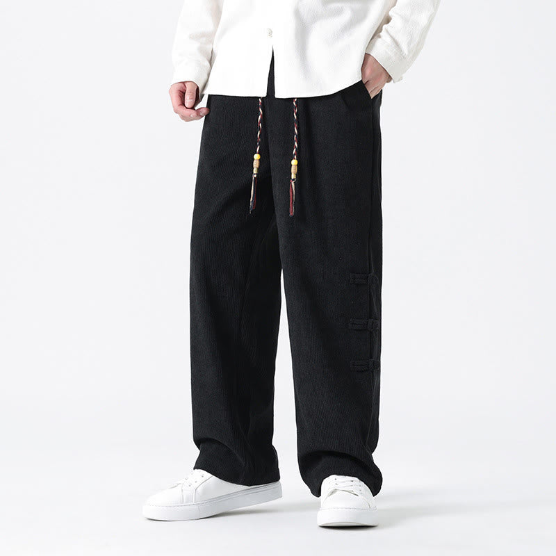 Plain Chinese Frog-Button Design Drawstring Men's Corduroy Pants With Pockets