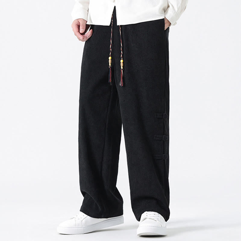 Plain Chinese Frog-Button Design Drawstring Men's Corduroy Pants With Pockets