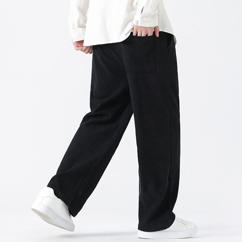 Plain Chinese Frog-Button Design Drawstring Men's Corduroy Pants With Pockets