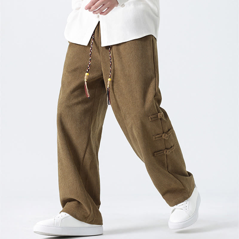Plain Chinese Frog-Button Design Drawstring Men's Corduroy Pants With Pockets