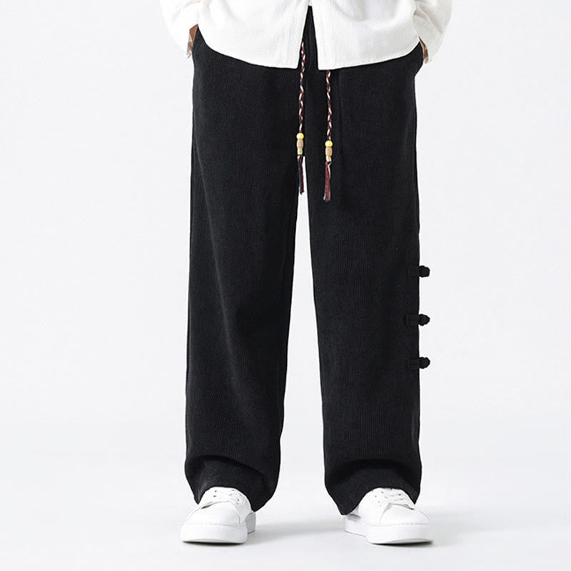 Plain Chinese Frog-Button Design Drawstring Men's Corduroy Pants With Pockets