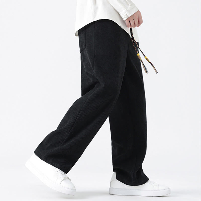 Plain Chinese Frog-Button Design Drawstring Men's Corduroy Pants With Pockets