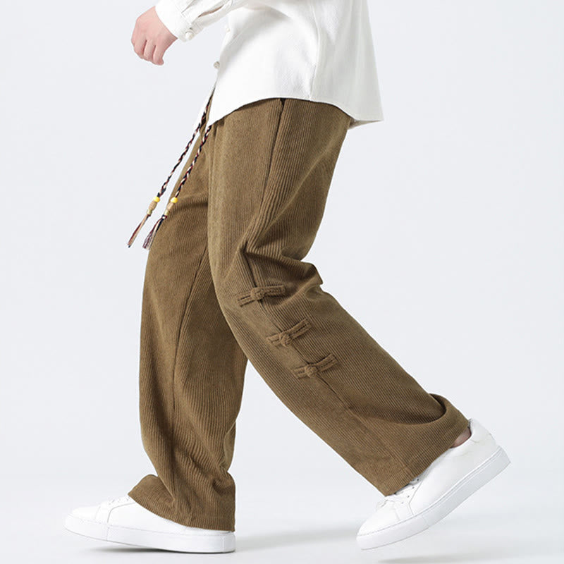 Plain Chinese Frog-Button Design Drawstring Men's Corduroy Pants With Pockets