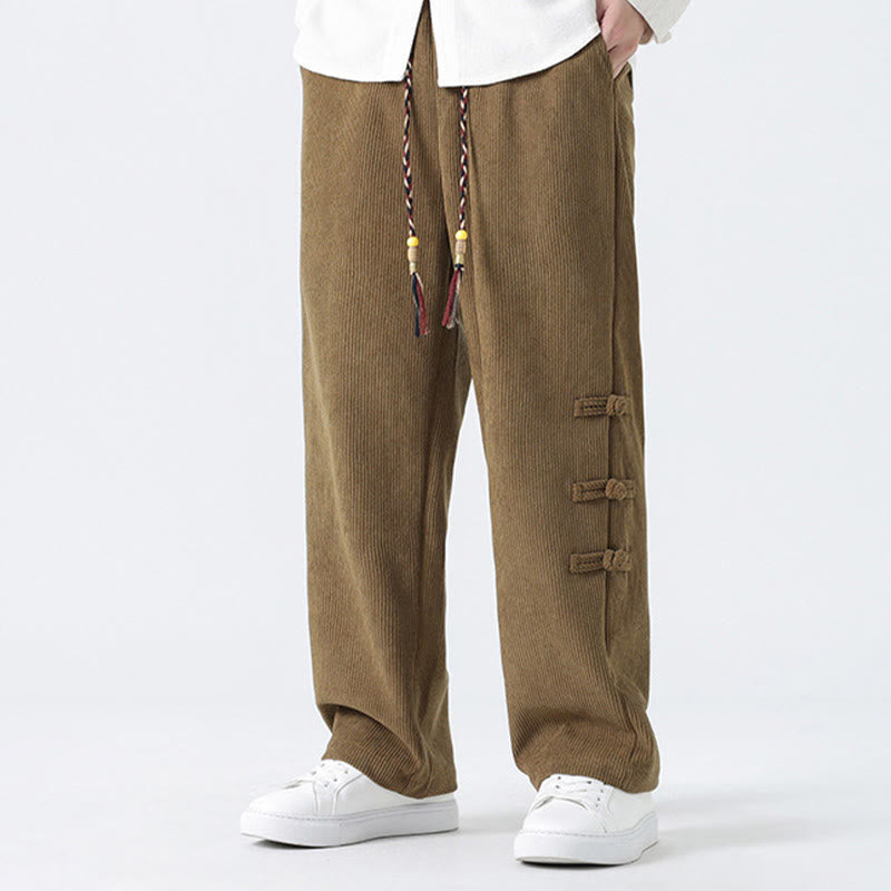Plain Chinese Frog-Button Design Drawstring Men's Corduroy Pants With Pockets