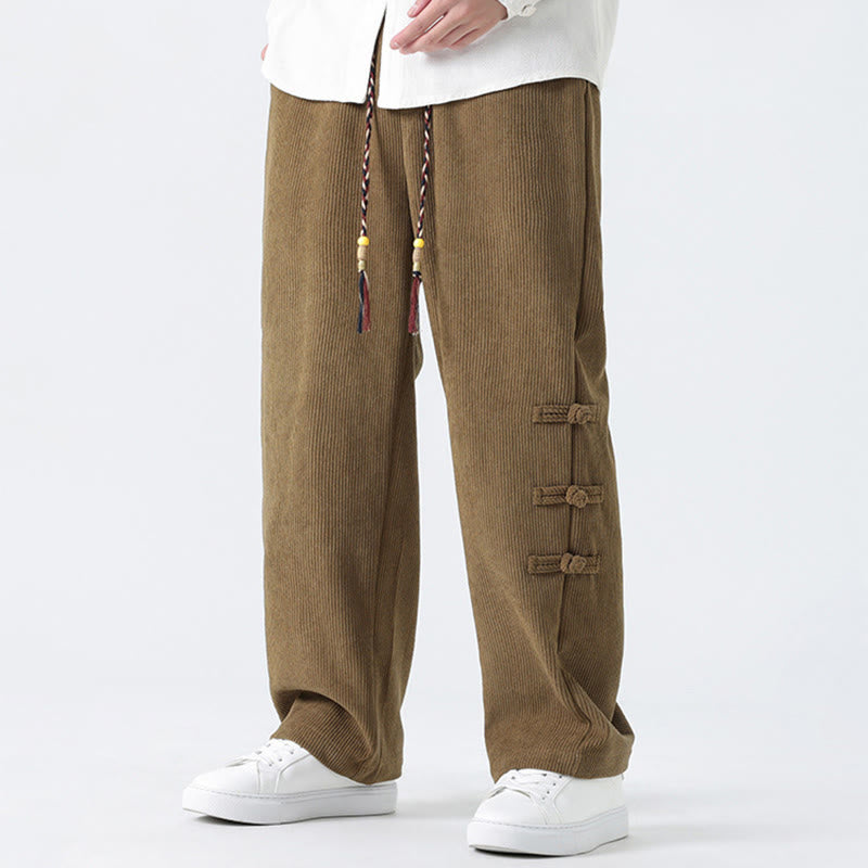 Plain Chinese Frog-Button Design Drawstring Men's Corduroy Pants With Pockets