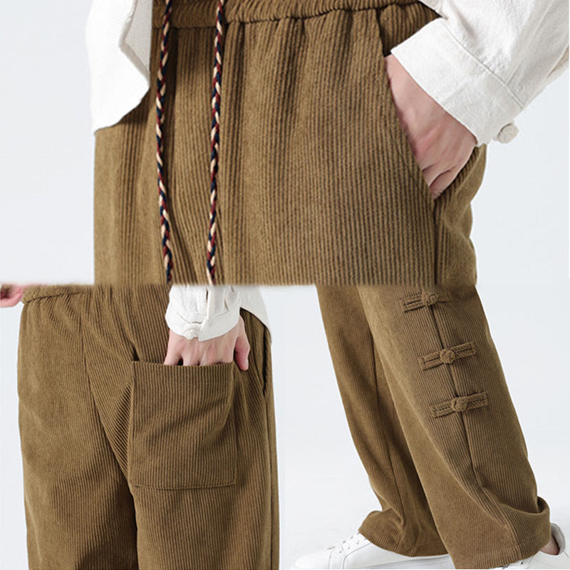 Plain Chinese Frog-Button Design Drawstring Men's Corduroy Pants With Pockets