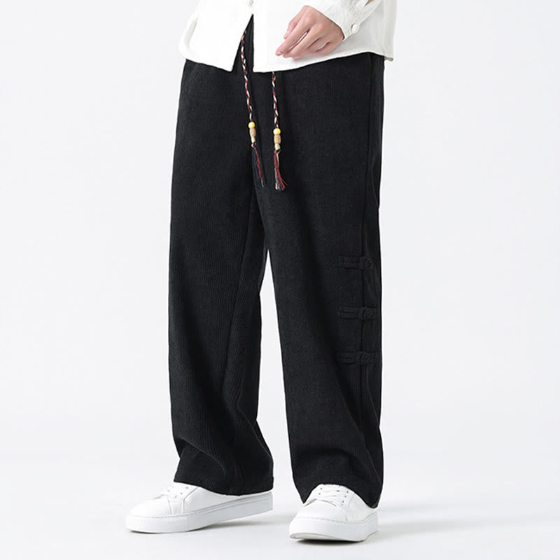 Plain Chinese Frog-Button Design Drawstring Men's Corduroy Pants With Pockets