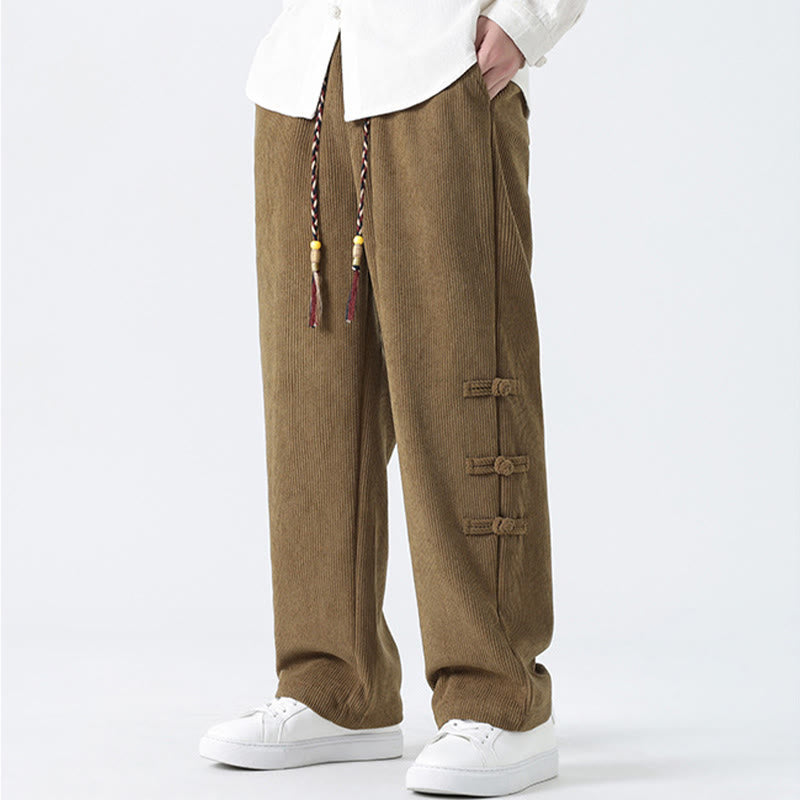 Plain Chinese Frog-Button Design Drawstring Men's Corduroy Pants With Pockets