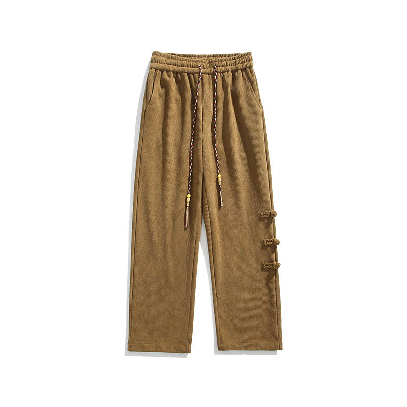 Plain Chinese Frog-Button Design Drawstring Men's Corduroy Pants With Pockets