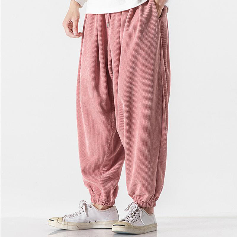 Casual Pure Color Men's Drawstring Corduroy Harem Ankle-Length Pants With Pockets