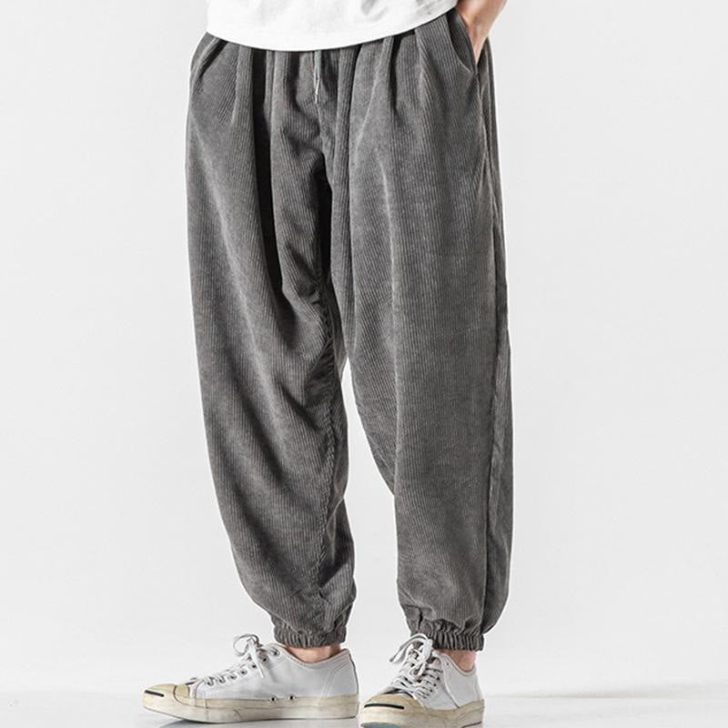 Casual Pure Color Men's Drawstring Corduroy Harem Ankle-Length Pants With Pockets
