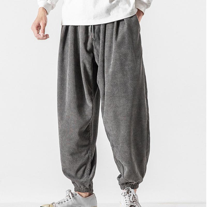 Casual Pure Color Men's Drawstring Corduroy Harem Ankle-Length Pants With Pockets