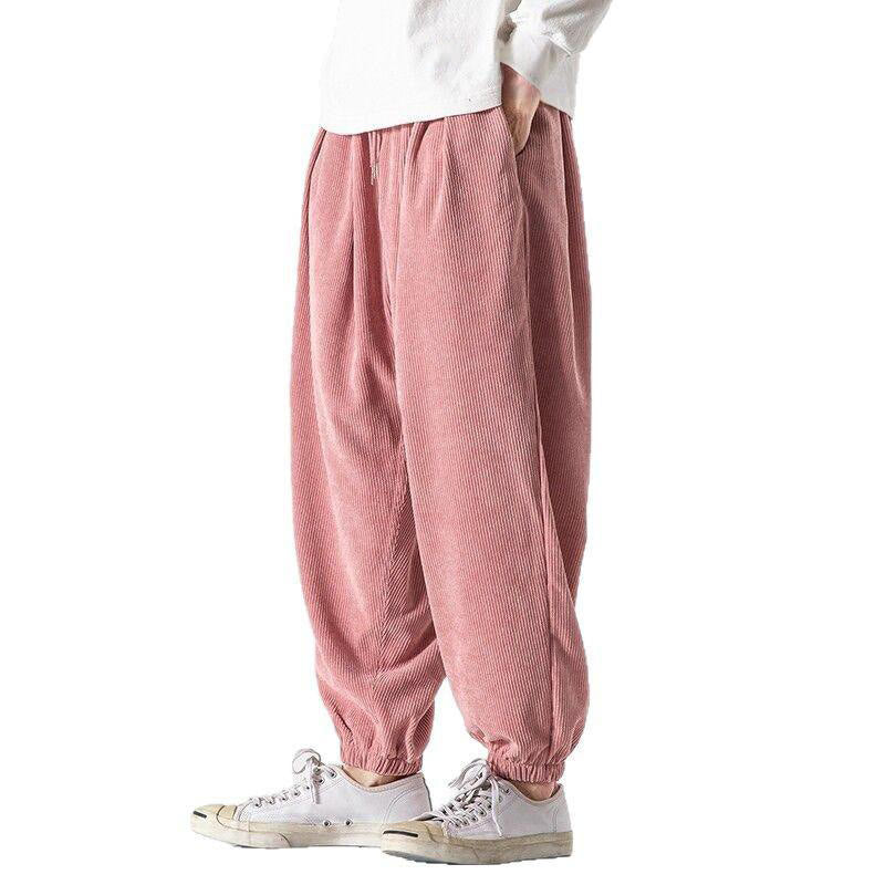 Casual Pure Color Men's Drawstring Corduroy Harem Ankle-Length Pants With Pockets