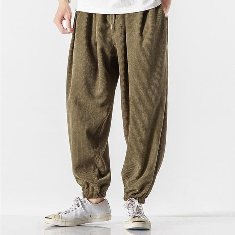 Casual Pure Color Men's Drawstring Corduroy Harem Ankle-Length Pants With Pockets