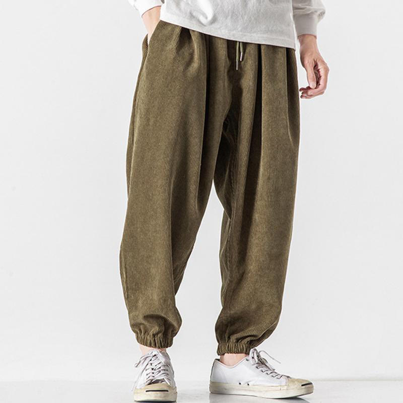 Casual Pure Color Men's Drawstring Corduroy Harem Ankle-Length Pants With Pockets