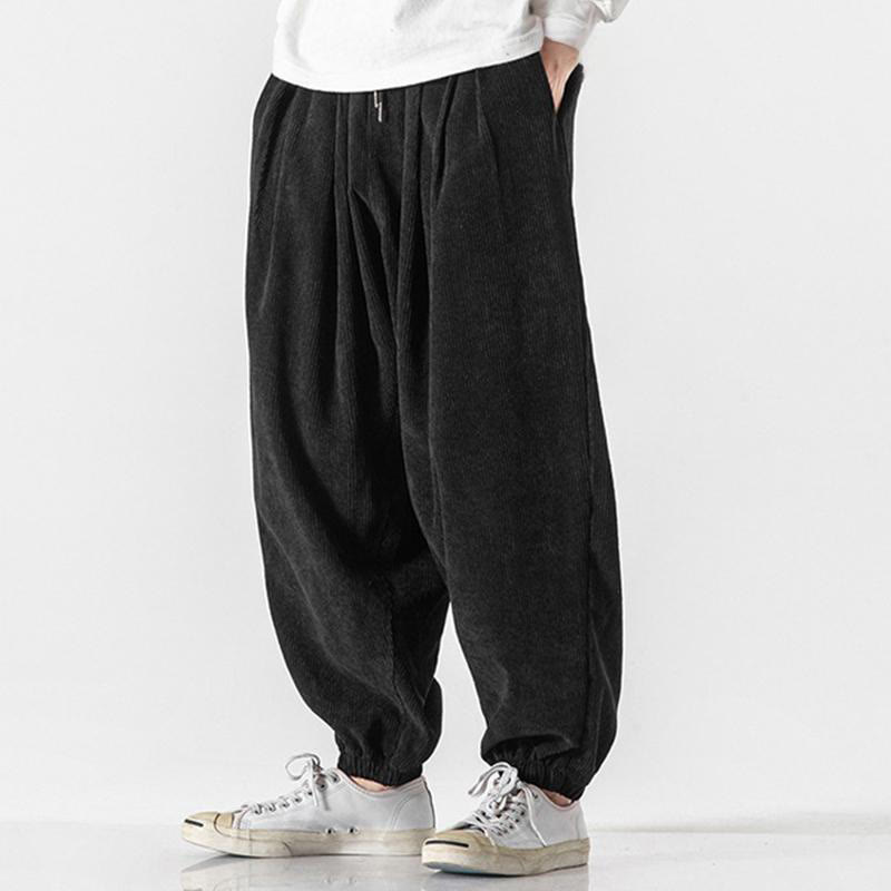 Casual Pure Color Men's Drawstring Corduroy Harem Ankle-Length Pants With Pockets