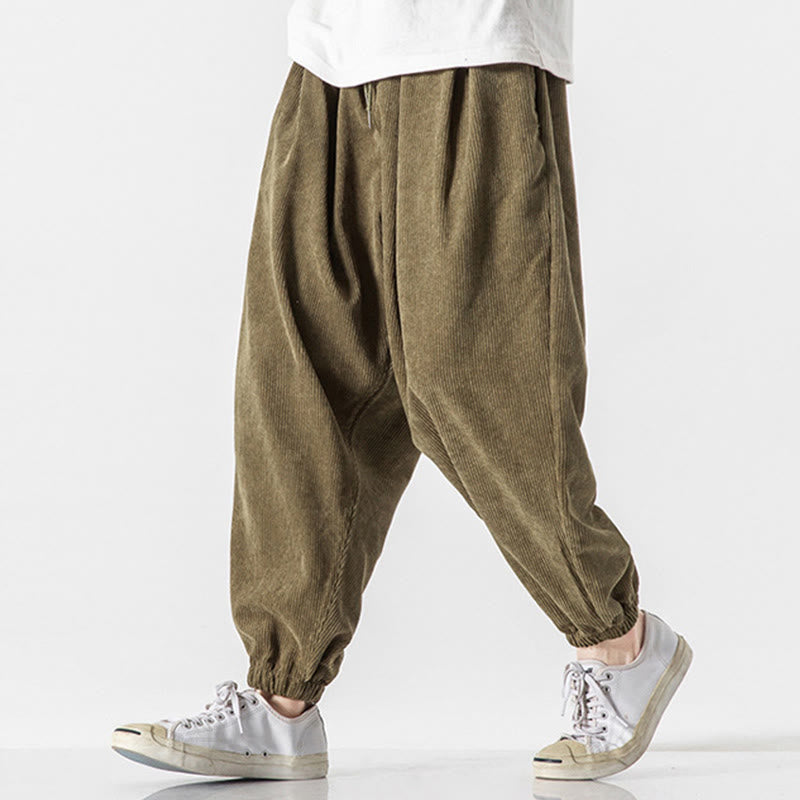 Casual Pure Color Men's Drawstring Corduroy Harem Ankle-Length Pants With Pockets