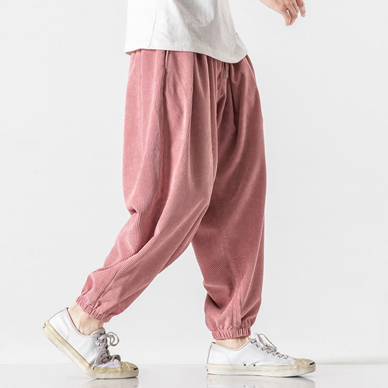 Casual Pure Color Men's Drawstring Corduroy Harem Ankle-Length Pants With Pockets