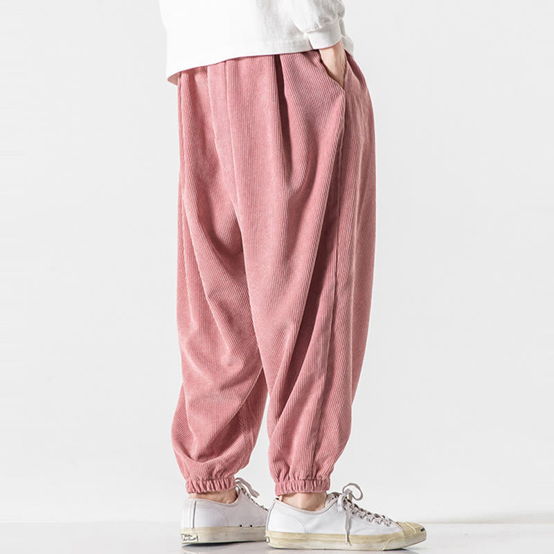 Casual Pure Color Men's Drawstring Corduroy Harem Ankle-Length Pants With Pockets
