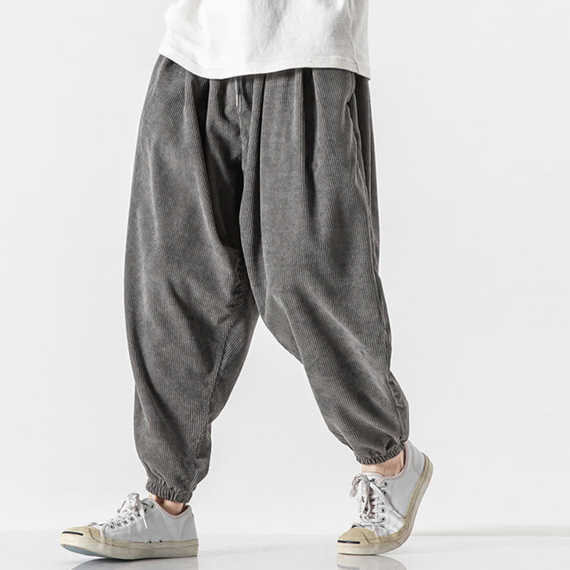 Casual Pure Color Men's Drawstring Corduroy Harem Ankle-Length Pants With Pockets
