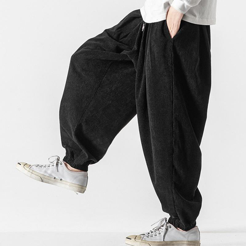 Casual Pure Color Men's Drawstring Corduroy Harem Ankle-Length Pants With Pockets