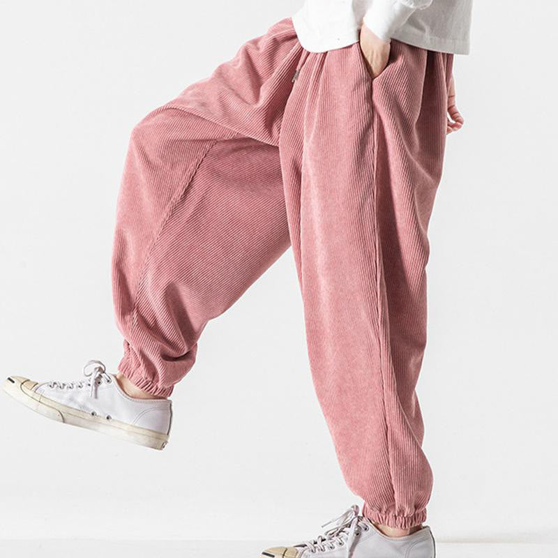 Casual Pure Color Men's Drawstring Corduroy Harem Ankle-Length Pants With Pockets