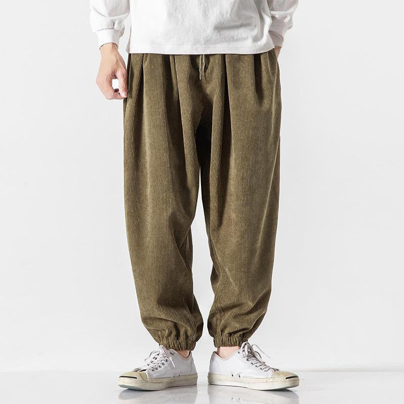 Casual Pure Color Men's Drawstring Corduroy Harem Ankle-Length Pants With Pockets