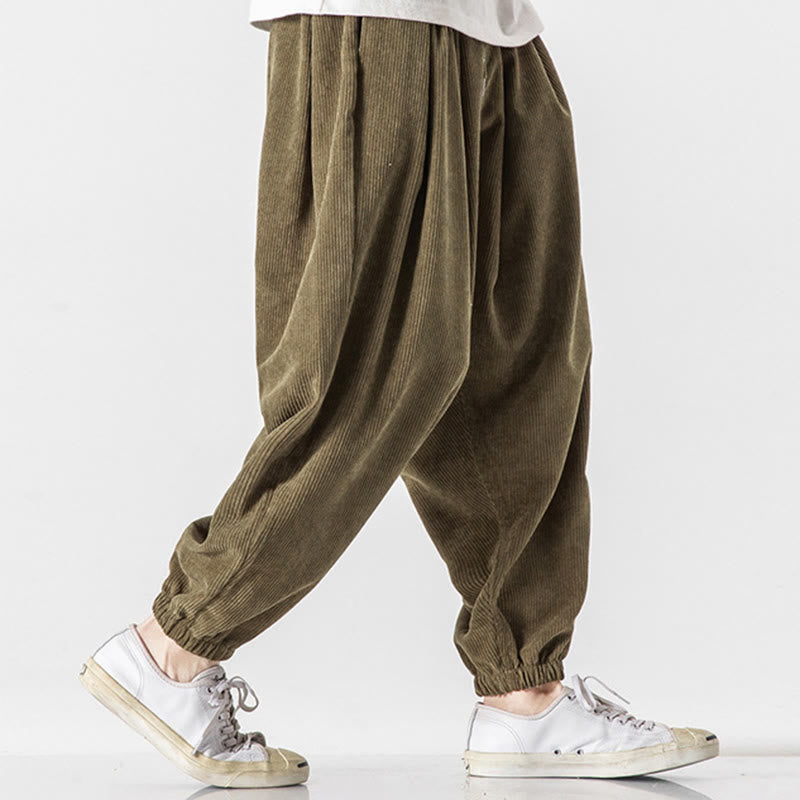 Casual Pure Color Men's Drawstring Corduroy Harem Ankle-Length Pants With Pockets