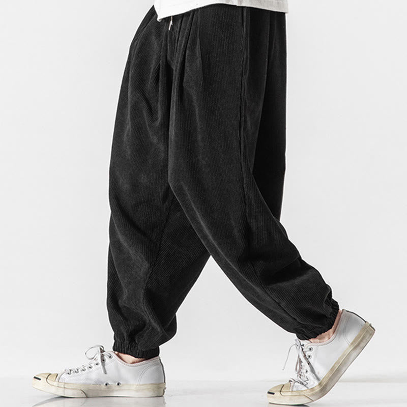 Casual Pure Color Men's Drawstring Corduroy Harem Ankle-Length Pants With Pockets