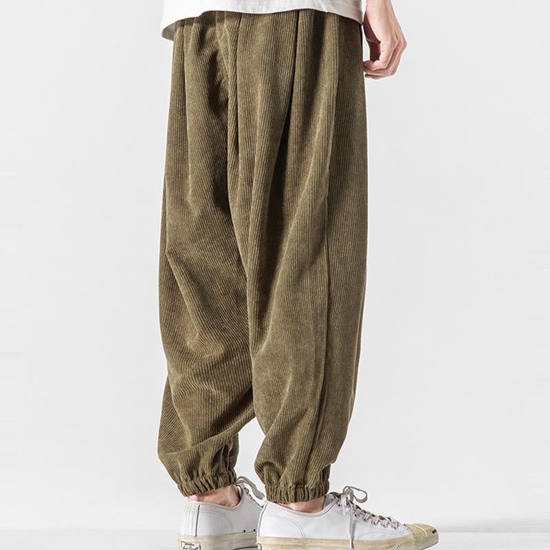 Casual Pure Color Men's Drawstring Corduroy Harem Ankle-Length Pants With Pockets