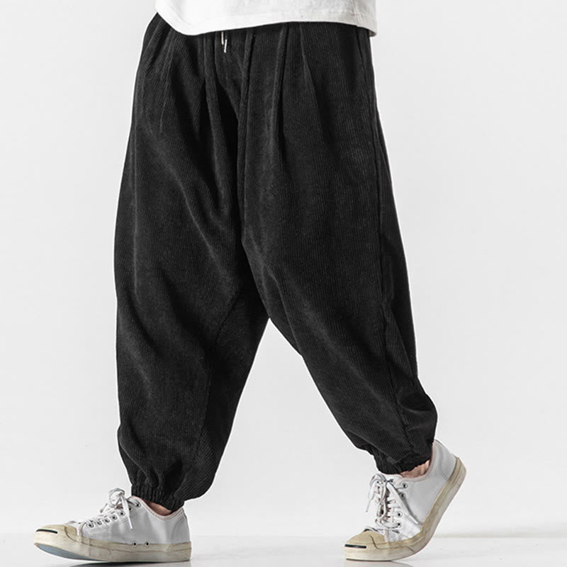 Casual Pure Color Men's Drawstring Corduroy Harem Ankle-Length Pants With Pockets