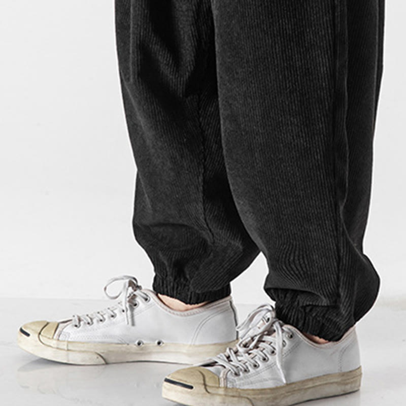 Casual Pure Color Men's Drawstring Corduroy Harem Ankle-Length Pants With Pockets