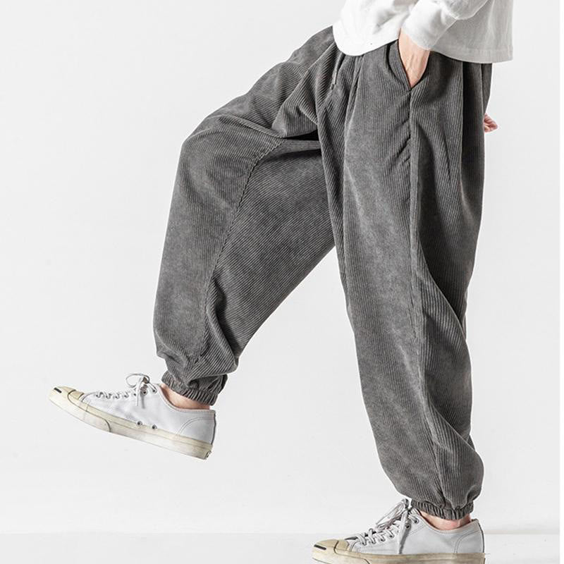 Casual Pure Color Men's Drawstring Corduroy Harem Ankle-Length Pants With Pockets