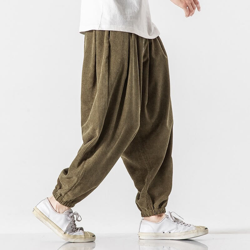Casual Pure Color Men's Drawstring Corduroy Harem Ankle-Length Pants With Pockets