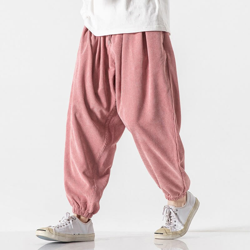 Casual Pure Color Men's Drawstring Corduroy Harem Ankle-Length Pants With Pockets