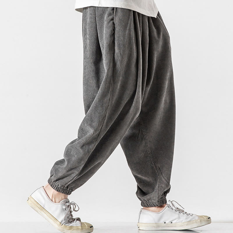 Casual Pure Color Men's Drawstring Corduroy Harem Ankle-Length Pants With Pockets