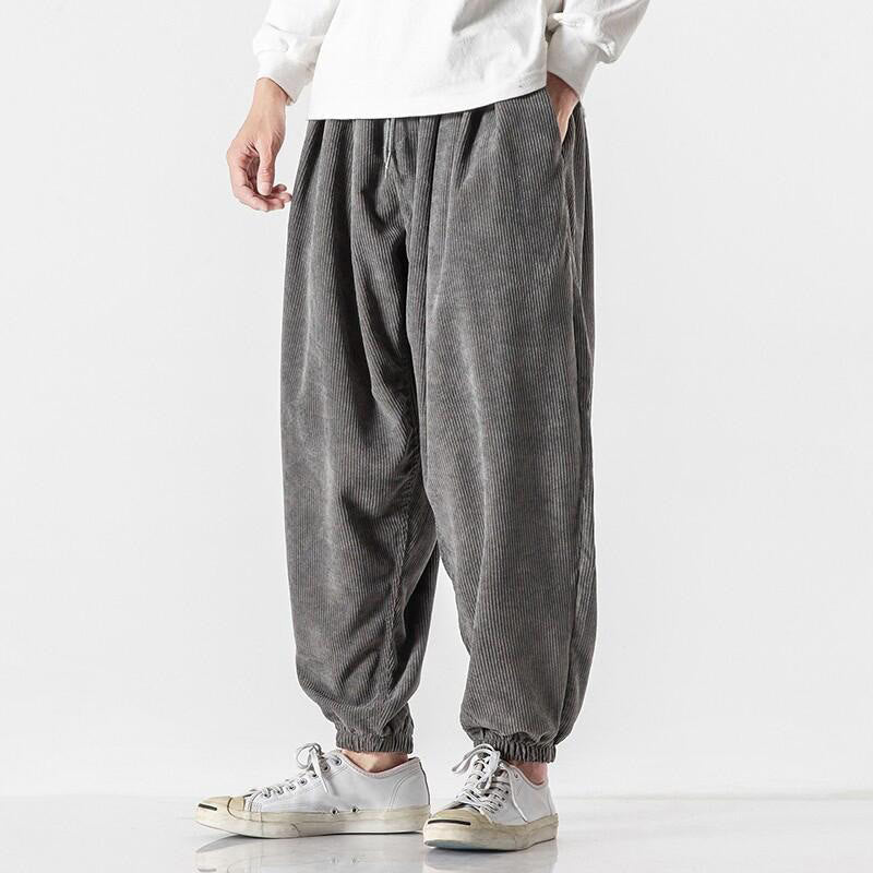 Casual Pure Color Men's Drawstring Corduroy Harem Ankle-Length Pants With Pockets