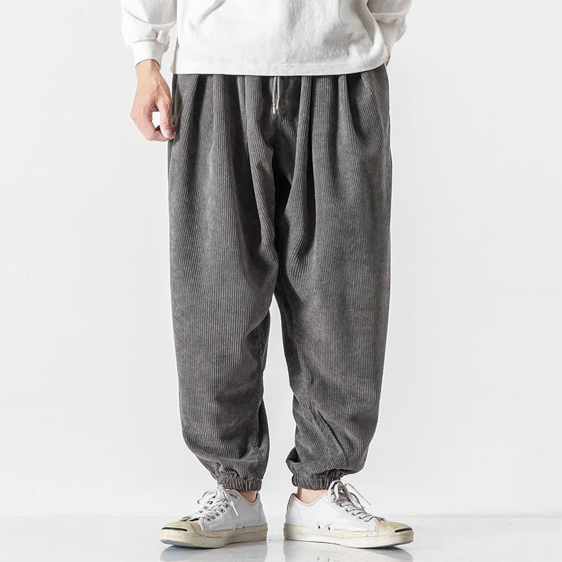 Casual Pure Color Men's Drawstring Corduroy Harem Ankle-Length Pants With Pockets