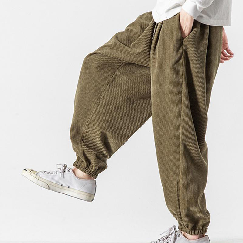 Casual Pure Color Men's Drawstring Corduroy Harem Ankle-Length Pants With Pockets