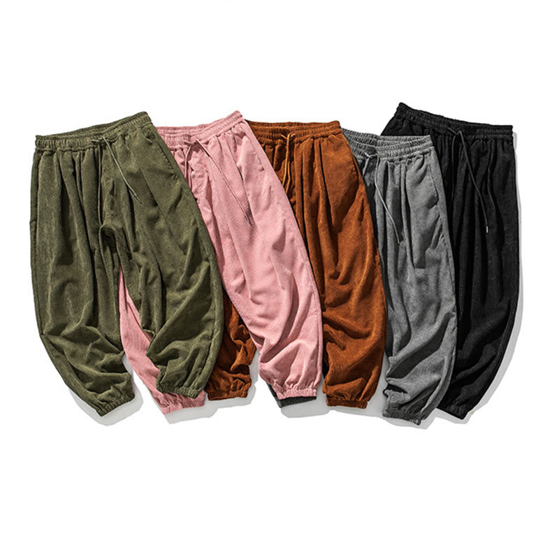Casual Pure Color Men's Drawstring Corduroy Harem Ankle-Length Pants With Pockets