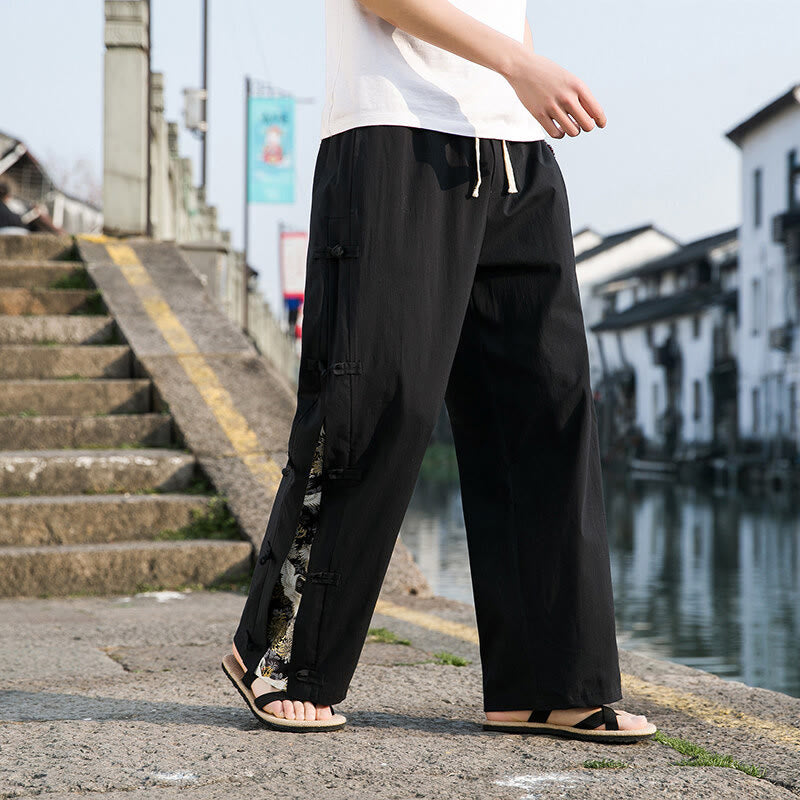 Casual Patchwork Crane Pattern Frog-Button Design Men's Wide Leg Pants With Pockets