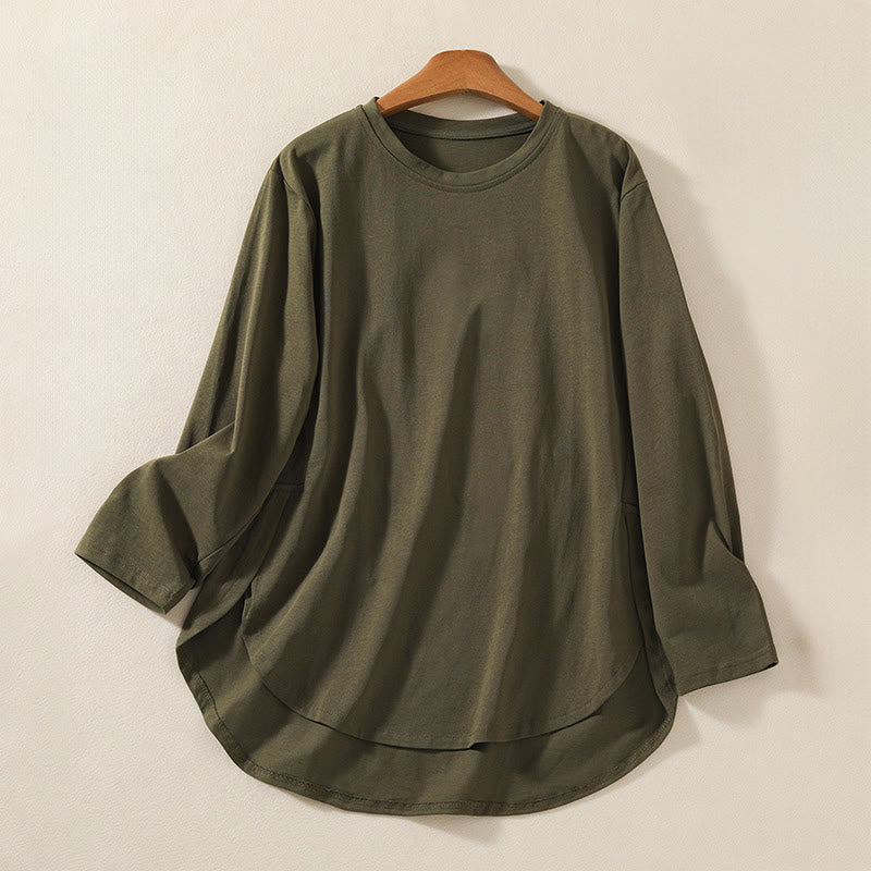 Casual Pure Irregular Hem Cotton Linen Women's Long Sleeve T-shirt