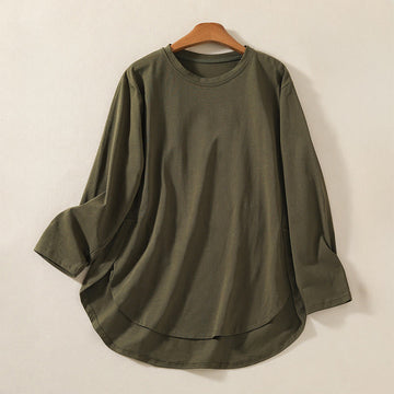 Casual Pure Irregular Hem Cotton Linen Women's Long Sleeve T-shirt