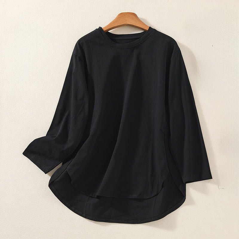 Casual Pure Irregular Hem Cotton Linen Women's Long Sleeve T-shirt