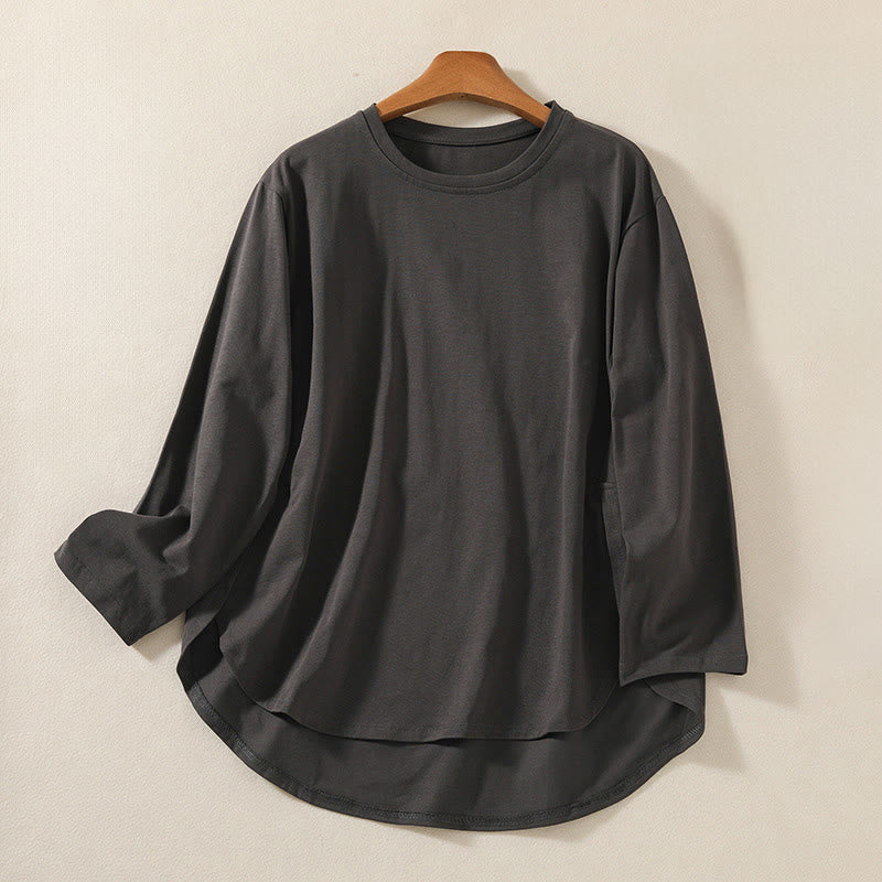 Casual Pure Irregular Hem Cotton Linen Women's Long Sleeve T-shirt