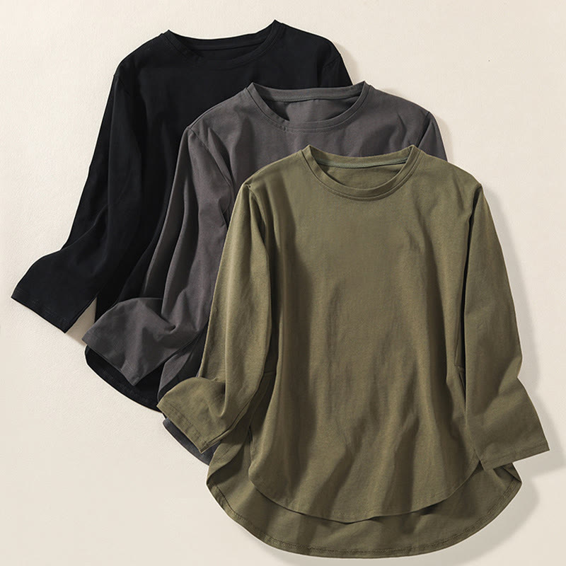 Casual Pure Irregular Hem Cotton Linen Women's Long Sleeve T-shirt