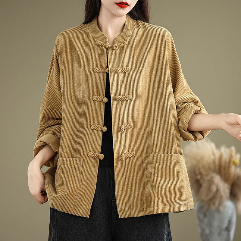 Tactile Cotton Linen Frog-Button Stand Collar Grounding Jacket