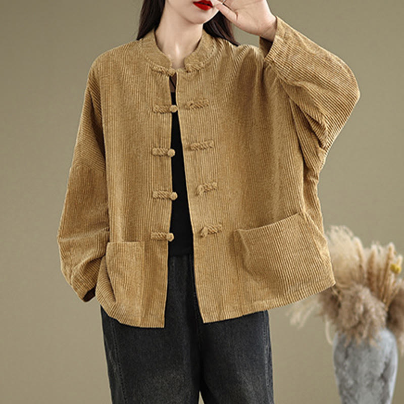 Tactile Cotton Linen Frog-Button Stand Collar Grounding Jacket